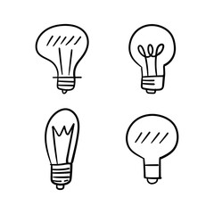 Light bulb doodle collection. Set of hand drawn electric lamp. Symbol of idea, innovation and solution.