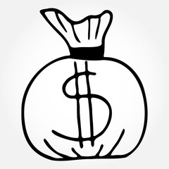 Vector hand drawn doodle bag with money. Isolated illustration