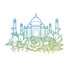 Taj Mahal Rose Flower with Vintage Mausoleum Design. Agra India Floral frame ornament vector style. Decoration Design Wreat illustration.