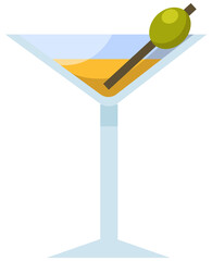 Alcoholic cocktail decorated with olive. Women drink in glass. Martini to relaxation with alcohol