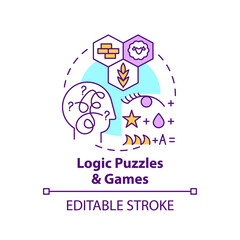 Logic puzzles and games concept icon. Exercise to improve critical thinking. Logical mind. Problem solving idea thin line illustration. Vector isolated outline RGB color drawing. Editable stroke