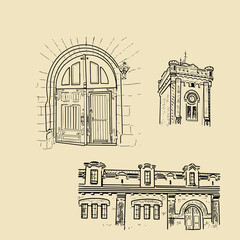 A set of vintage illustrations of fragments of an ancient castle.