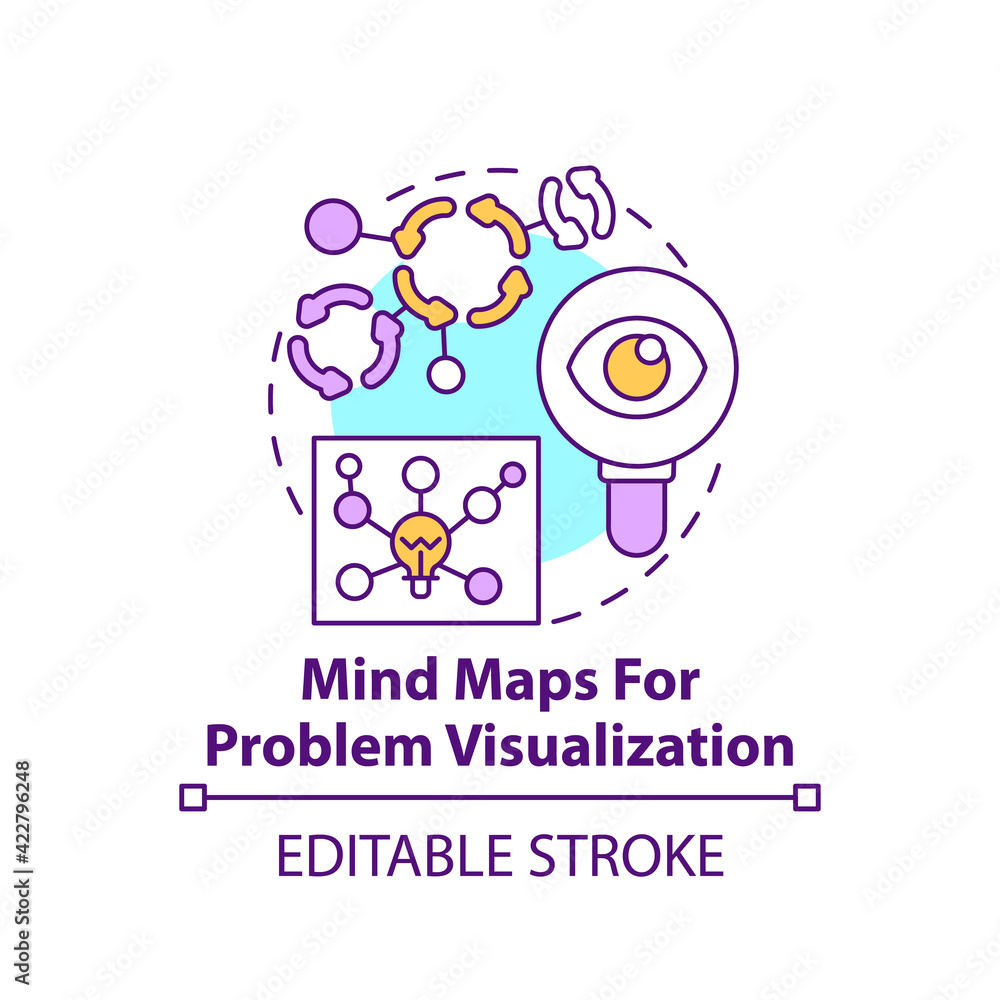 Poster mind maps for problem visualization concept icon. chart for brainstorming strategy. method for findi