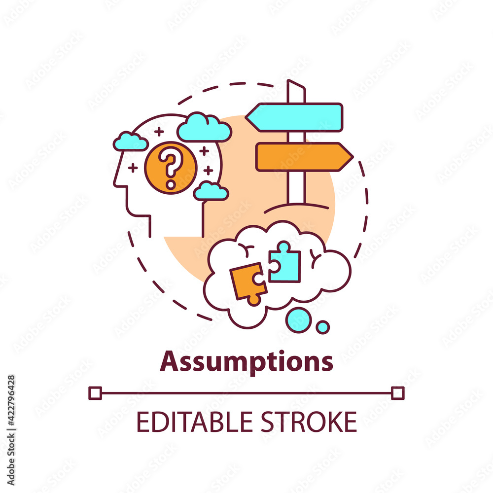 Poster assumptions concept icon. proof for theory. presumption, problem with critical thinking. mental bloc