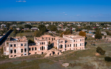 Air panorama medieval ruins Dubiecki manor located village vasylivka. Odessa region, Ukraine.