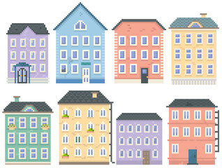 Fototapeta premium City downtown landscape with small houses and buildings. Design for mobile app, pixel computer game