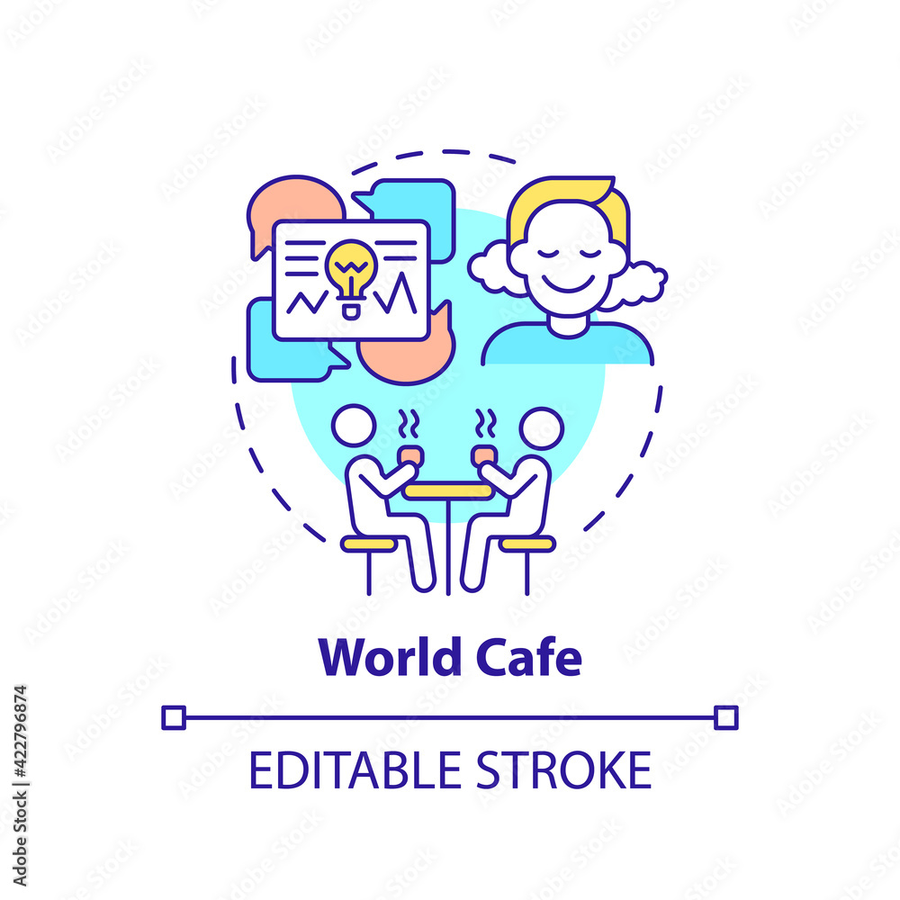 Poster world cafe concept icon. positive environment to boost creativity. communication with people. proble
