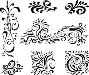 Freehand drawings of various decorative floral vintage design elements
