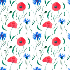 Watercolor hand-painted floral seamless pattern with wild flowers. Cornflowers and poppies