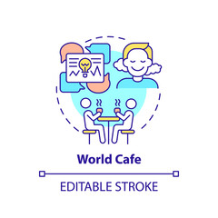 World cafe concept icon. Positive environment to boost creativity. Communication with people. Problem solving idea thin line illustration. Vector isolated outline RGB color drawing. Editable stroke