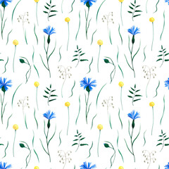 Wild flowers. Watercolor hand-drawn floral seamless pattern
