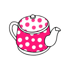 Pink hand drawing illustration of a metal or clay kettle with polka dot pattern and hot water for tea isolated on a white background