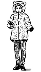 Sketch of little girl in hood with smartphone walking outdoors