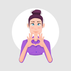 Flat character, sticker young woman gesture with hands heart shape.