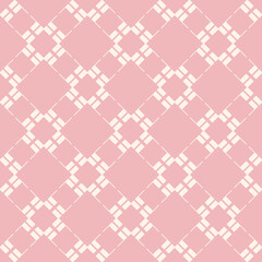 Abstract geometric seamless pattern with square grid, lattice, mesh, net, grill, diagonal lines, rhombuses. Simple pink and white vector texture. Stylish modern minimal background. Repeat geo design