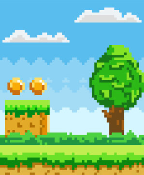 Pixel-game background with coins flying in sky. Pixel art game scene with green grass and tall tree