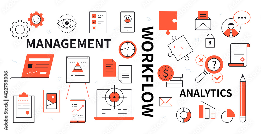 Poster management, workflow and analytics - line design style icons