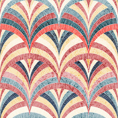 Seamless embroidered pattern. Wavy bohemian print. Patchwork ornament. Vector illustration.