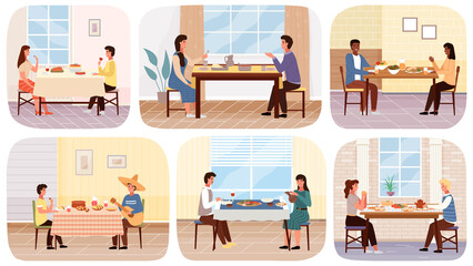 Set of illustrations about people in national costumes eat traditional food and drinks in restaurant