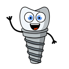 Tooth pin with happy face. Dentist element. Dental care and implant. Medical white part with the thread for the mouth. Operation for health. Smiling cute character.