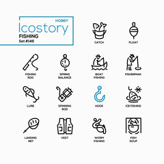 Fishing equipment - line design style icons set