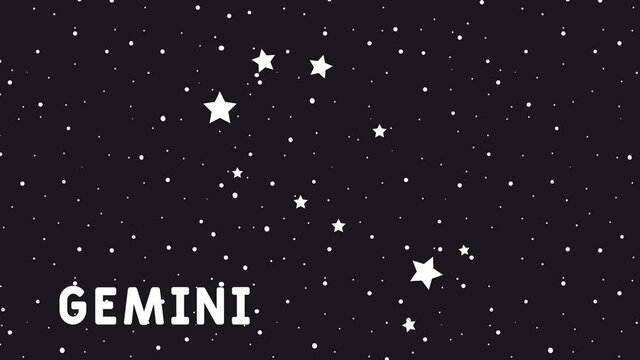 Gemini - Animated zodiac constellation and horoscope symbol wih starfield space background. Gemini signs, zodiac background.