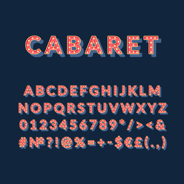 Cabaret vintage 3d vector alphabet set. Retro bold font, typeface. Pop art stylized lettering. Old school style letters, numbers, symbols pack. 90s, 80s creative typeset design template