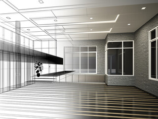 sketch design of interior hall, 3d rendering