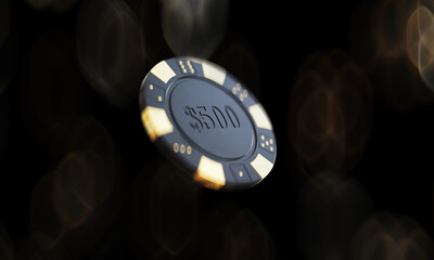 Fototapeta na wymiar Casino gambling chip is flying in the air on a black bokeh background. Shallow Depth of field. Golden and plastic materials. 3D render illustration