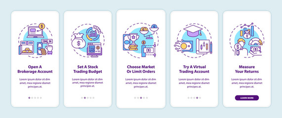 Stock trading steps onboarding mobile app page screen with concepts. Open account, setting budget walkthrough 5 steps graphic instructions. UI, UX, GUI vector template with linear color illustrations