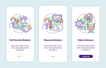 Fototapeta na wymiar Broker types onboarding mobile app page screen with concepts. Full service, discount stockbrokers walkthrough 3 steps graphic instructions. UI, UX, GUI vector template with linear color illustrations