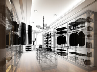 sketch design of interiorwalk-in closet,3d rendering