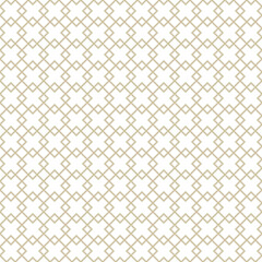 Golden diamond grid vector seamless pattern. Abstract geometric texture with lines, rhombuses, squares, mesh, lattice, grill. Simple gold and white background. Modern ornament. Luxury repeat design