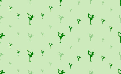 Seamless pattern of large and small green figure skating symbols. The elements are arranged in a wavy. Vector illustration on light green background