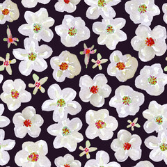 Blooming wild cherry. Watercolor cherry flowers. Spring seamless pattern on a dark background. Airy, botanical, natural, feminine pattern. For printing and design on fabric, paper.