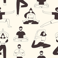 Seamless pattern with young people in yoga position. Physical and spiritual practice. The concept of yoga, meditation and relax. Health benefits for the body and mind. Flat vector illustration.