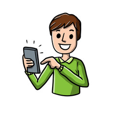 Man with mobile phone. Cartoon hand drawn sketch illustration. Young guy with modern device. Happy character