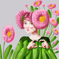 Daisy flower humanization, pink flowers, character design. For postcards, invitations, packaging.