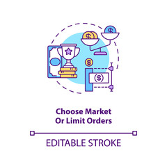 Choosing market and limit orders concept icon. Stock trading step idea thin line illustration. Prevailing market price. Individual investing. Vector isolated outline RGB color drawing. Editable stroke