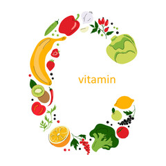 Vitamin C sign with fruits and vegetables, letter C composition. Collection of vitamin C sources. Healthy food concept.