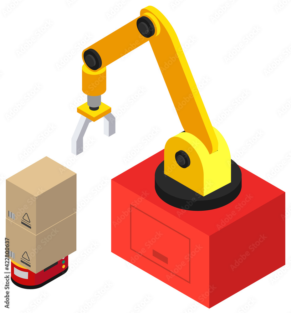 Aufkleber modern technical manipulator picks up boxes with parcels. robotic arm mechanical device for loading