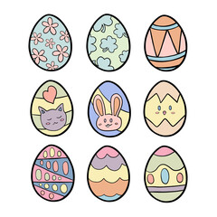 Nine colorful doodle black line Easter Egg with various patterns on white silhouette. Hand drawn cartoon style. Decoration for any design. Vector illustration of kid and holiday. 