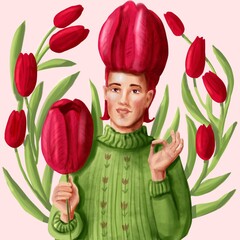 Tulip flowers humanization, red flowers, character design. A man holds a flower in his hand. For postcards, invitations, packaging.