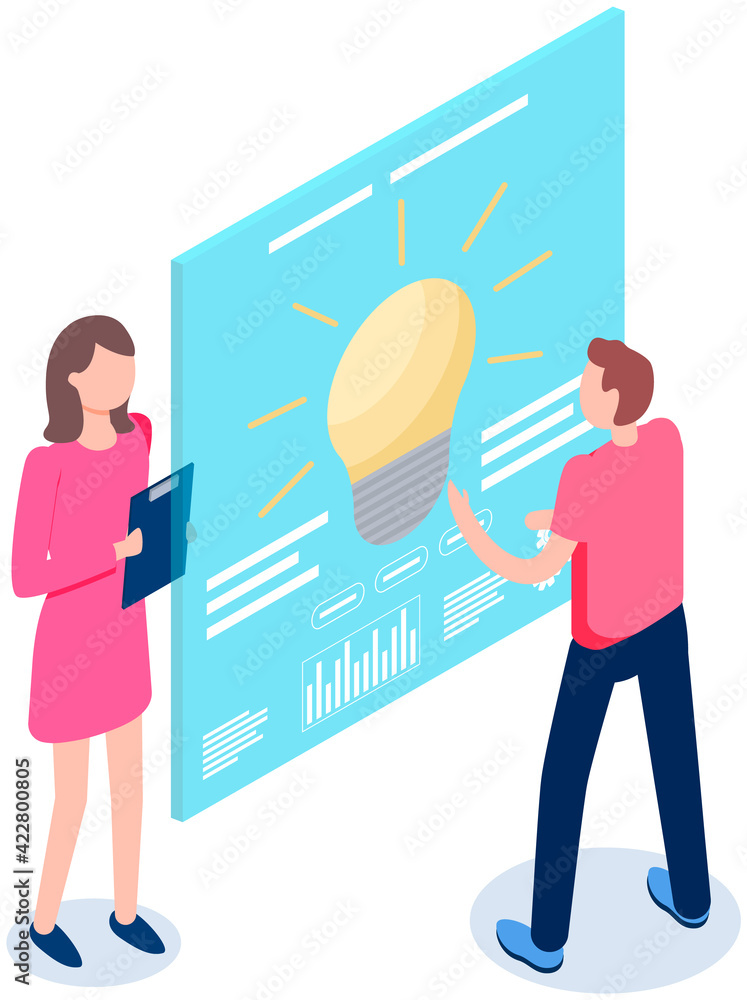 Poster people work with data. idea symbol in form of lightbulb on poster. colleagues communicate
