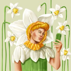 Daffodil flowers humanization, white flowers, character design. A man holds a phone in his hand. For postcards, invitations, packaging. 