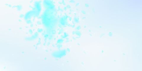 Turquoise flower petals falling down. Dramatic rom