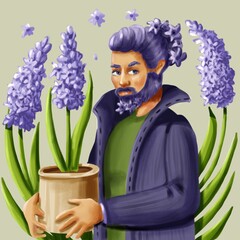 Hyacinth flowers humanization, lilac flowers, character design. A man holds an indoor flower in his hands. For postcards, invitations, packaging. 