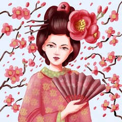 Sakura flower humanization, pink flowers, character design. The girl holds a fan in her hand. Japanese cherry. For postcards, invitations, packaging. 