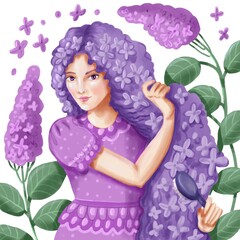 Humanization of lilac flower, purple flowers, character design. The girl is combing her hair. For postcards, invitations, packaging. 
