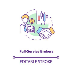 Full-service brokers concept icon. Broker type idea thin line illustration. Purchasing and selling assets. Sectoral and stock analysis. Vector isolated outline RGB color drawing. Editable stroke